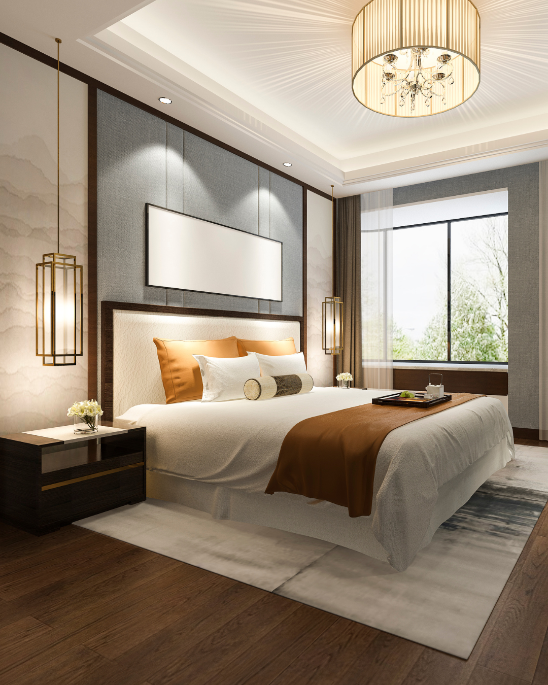 Modern hotel room with AI-powered direct booking technology displayed on tablet.